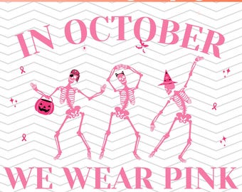 A ottobre indossiamo il rosa PNG, file digitale di sensibilizzazione sul cancro al seno, scheletro di Halloween PNG
