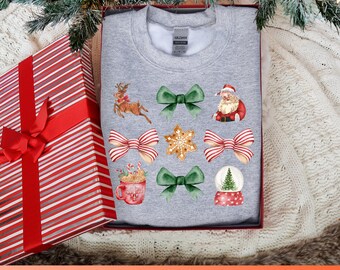 Coquette Christmas Bows PNG, file PNG Preppy Xmas, Babbo Natale acquerello, palla di neve, bastoncini di zucchero, renne, file digitale di biscotti