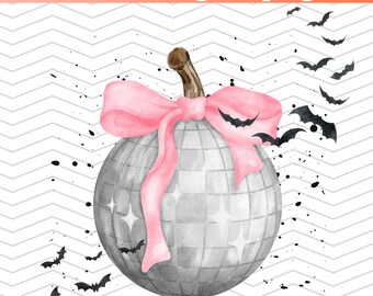 Disco Pumpkin e fiocco rosa PNG, acquerello autunnale, design digitale autunnale alla moda, estetica Coquette, sublimazione autunnale, pipistrello Halloween