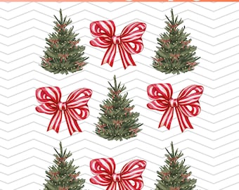 Alberi di Natale e fiocchi Coquette PNG, file PNG Preppy Xmas, file di sublimazione di Natale ad acquerello, design di luci per alberi di Natale alla moda
