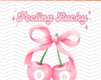 Coquette Feeling Lucky PNG, Design digitale Pink Cherry 8 Ball, Ciliegie alla moda, Design di fiocchi da ragazza a Las Vegas, Viaggio tra ragazze PNG