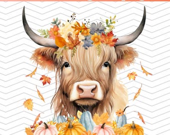 File PNG di mucca delle Highlands autunnali, disegno di animali da fattoria ad acquerello, file di disegno di Halloween, PNG preppy alla moda, foglie e zucche femminili