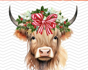 Coquette Christmas Highland Cow PNG, File digitale di Natale degli animali da fattoria, Corona di Natale della mucca delle Highland PNG
