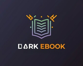 Könnte beinhalten: Ein Logo für ein Unternehmen namens "DARK EBOOK" mit einem stilisierten, geöffneten Buch mit einem Farbverlauf von Lila, Blau und Grün. Das Buch ist von orangefarbenen Punkten umgeben und zwei orangefarbene Linien erstrecken sich nach oben von der Oberseite des Buches.