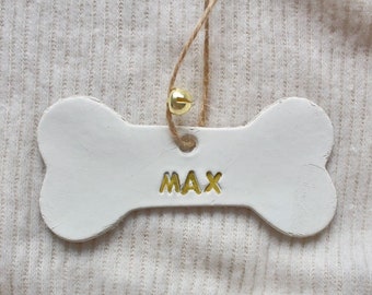Christmas pendant, personalized gift tag, white, dog bone, Christmas tree decoration, with name, Advent decoration, gold lettering