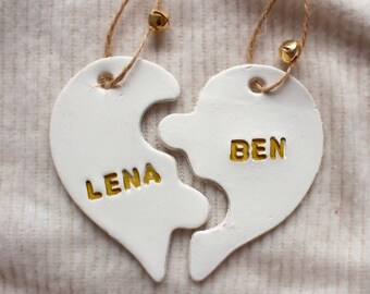Christmas pendant, personalized gift tag, white, heart puzzle pieces, Christmas tree decoration, with name, Advent decoration, gold lettering