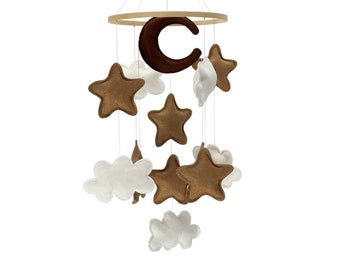 Baby mobile for baby bed, dream catcher, bed bell, wood, baby room decoration, ideal as a birth gift (moon stars beige, brown)