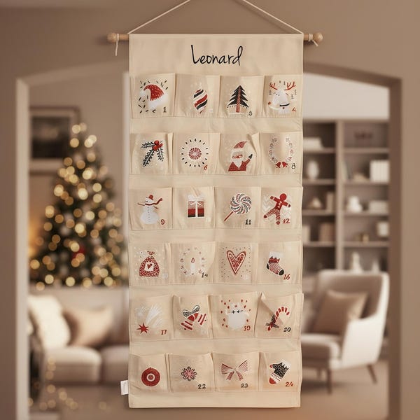 Personalisierbarer Adventskalender zum Befüllen, Kinder, Stoff, Tüten, groß xxl, Holz, Idee für Weihnachten 2025, wiederverwendbar [Beige]