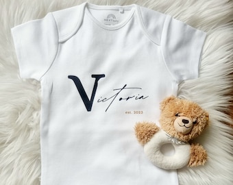 Personalized baby bodysuit, gift for birth or baby party, with name and year of birth, black, gold, cotton, various sizes, short sleeve