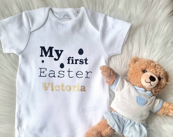 Easter baby bodysuit personalized, gift for birth or baby party, with name and year of birth, black, gold, cotton, various sizes