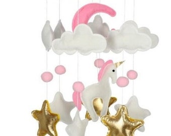Baby mobile for baby bed, dream catcher, bed bell, wood, baby room decoration, ideal as a birthday gift (unicorn, pink)