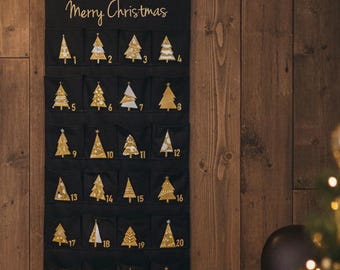 Personalized Advent Calendar to Fill, Fabric Bags, Large, Christmas 2025, Reusable, Girls Boys Men [Black Gold]