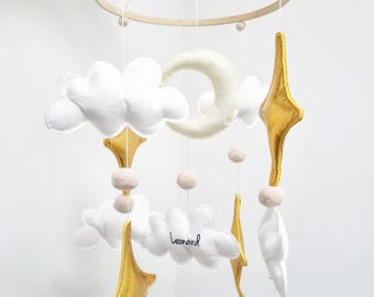 Personalizable baby mobile, dream catcher, bed bell, baby room decoration, gift for birth or baptism, christening gift (moon stars beige, gold)