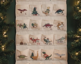 Personalizable Advent Calendar for Filling, Kids, Fabric, Bags, Wood, Christmas 2025, Reusable, Girls Boys [Dinosaur]