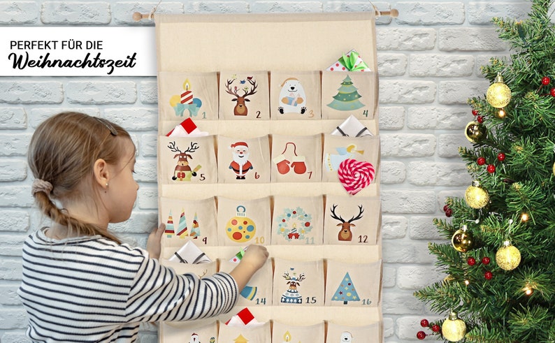 Adventskalender zum Befüllen, Kinder, Stoff, Tüten, groß, Holz, Idee für Weihnachten 2023, wiederverwendbar, Mädchen Jungs Kids-Edition Bild 6