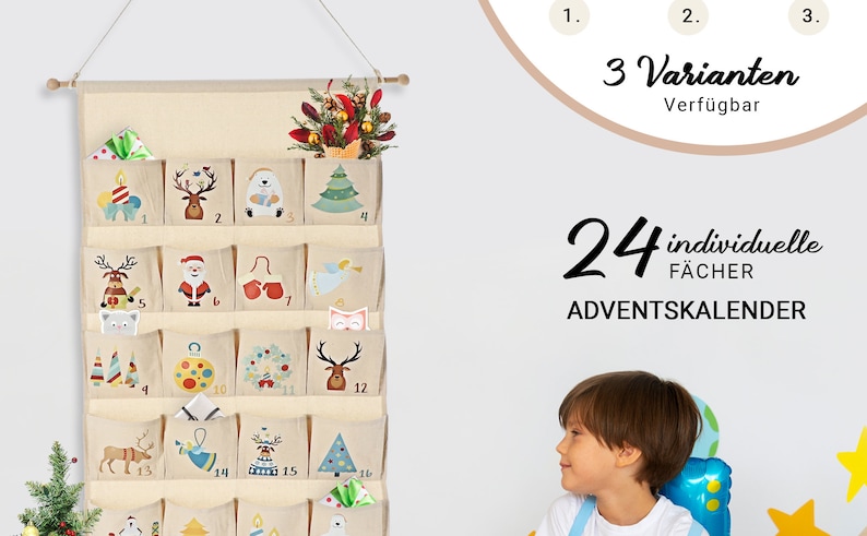 Calendrier de l'Avent à remplir, enfants, tissu, sacs, grand, bois, idée pour Noël 2023, réutilisable, filles et garçons Kids Edition image 5