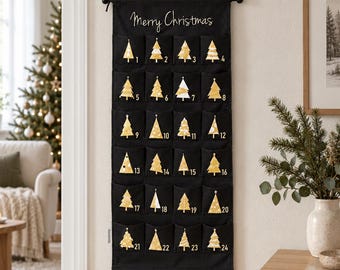 Personalized Advent Calendar for Filling, Fabric, Bags, Large, Christmas 2026, Reusable, Girls Boys Men [Black Gold]