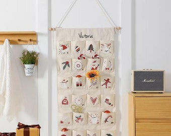 Personalizable Advent calendar for filling, children, fabric, bags, large xxl, wood, idea for Christmas 2023, reusable [Beige]