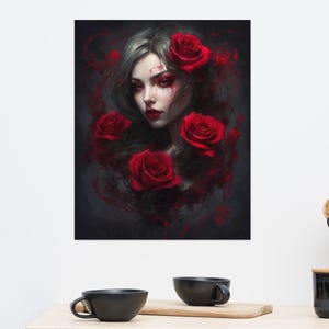 Poster di donna vampiro e rose rosse. Arte Vampirecore malinconica che ti farà battere il cuore.