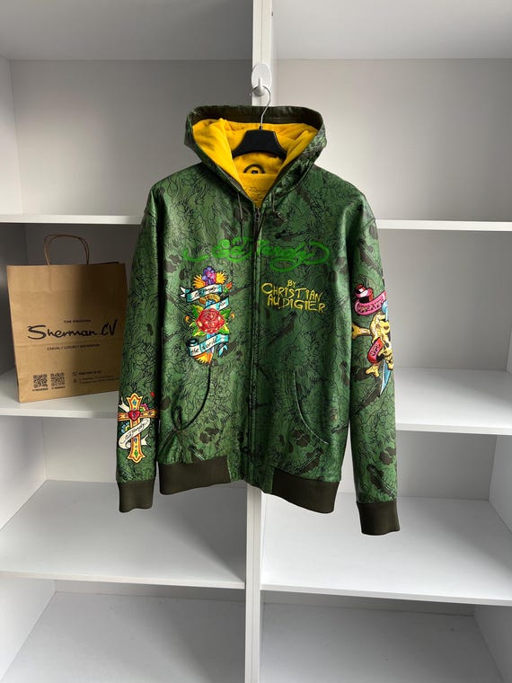 Vintage Ed Hardy Green Leather Embroidered Jacket Very Rare