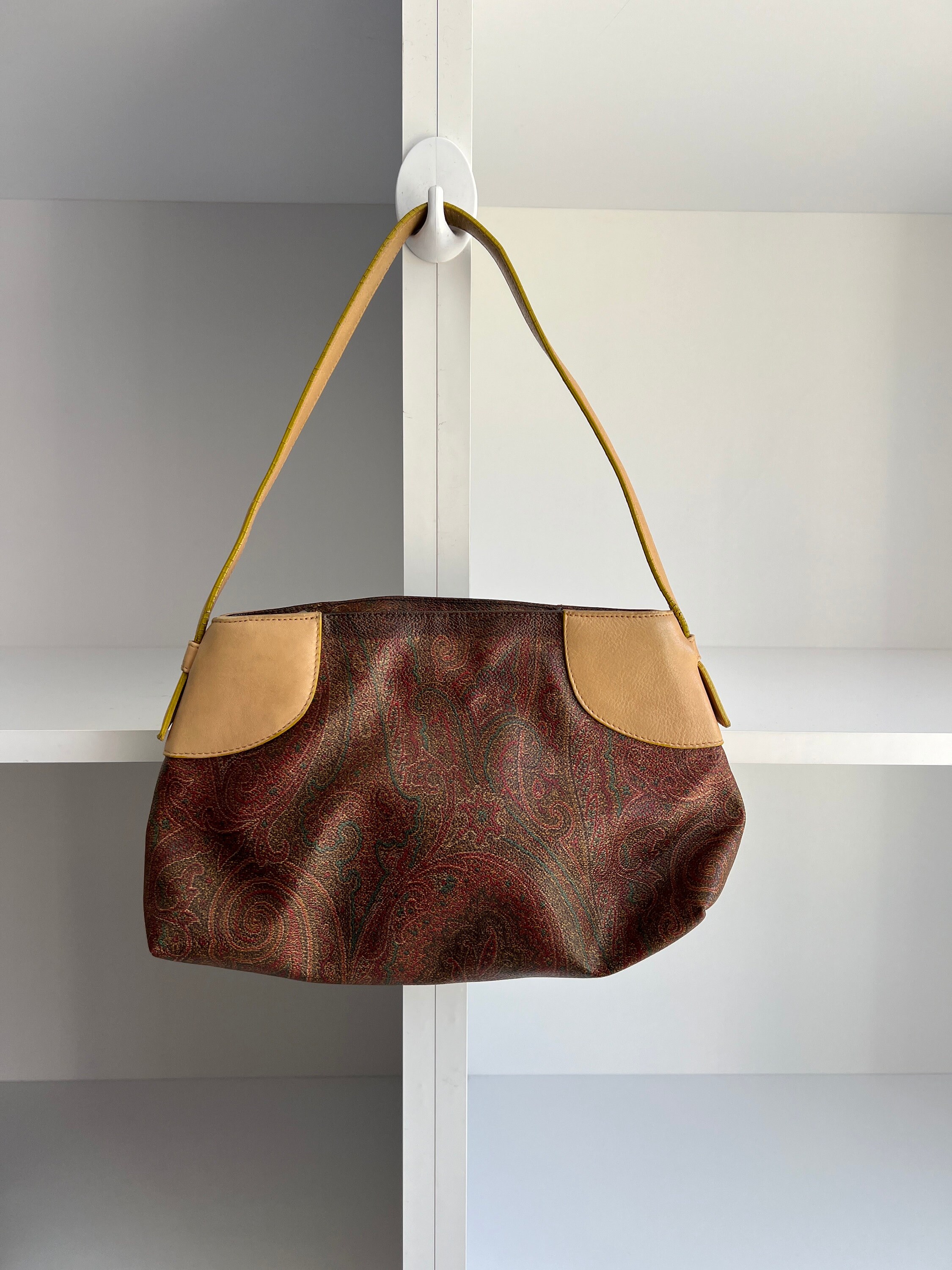 Vintage Etro Hand Bag Paisley Brown Beige PVC Leather Woman