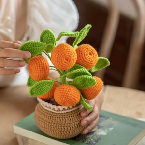 May include: A crocheted orange tree in a brown pot. The tree features bright orange crocheted oranges and green leaves. The pot has a white lace trim. The tree is sitting on a stack of books.