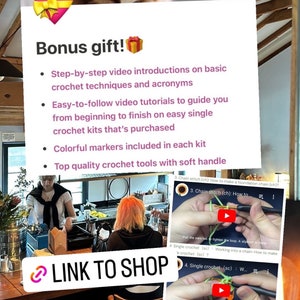 May include: A colorful graphic with the text "WooWiz" and the words "Bonus gift!"  The graphic lists the benefits of purchasing a crochet kit, including step-by-step video tutorials, colorful markers, and high-quality crochet tools. A link to the shop is included.