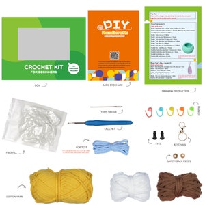 May include: Crochet kit for beginners with all materials included. The kit includes yarn, a crochet hook, a yarn needle, fiberfill, safety eyes, a keychain, and a marker. The kit also includes instructions for making a crochet project.