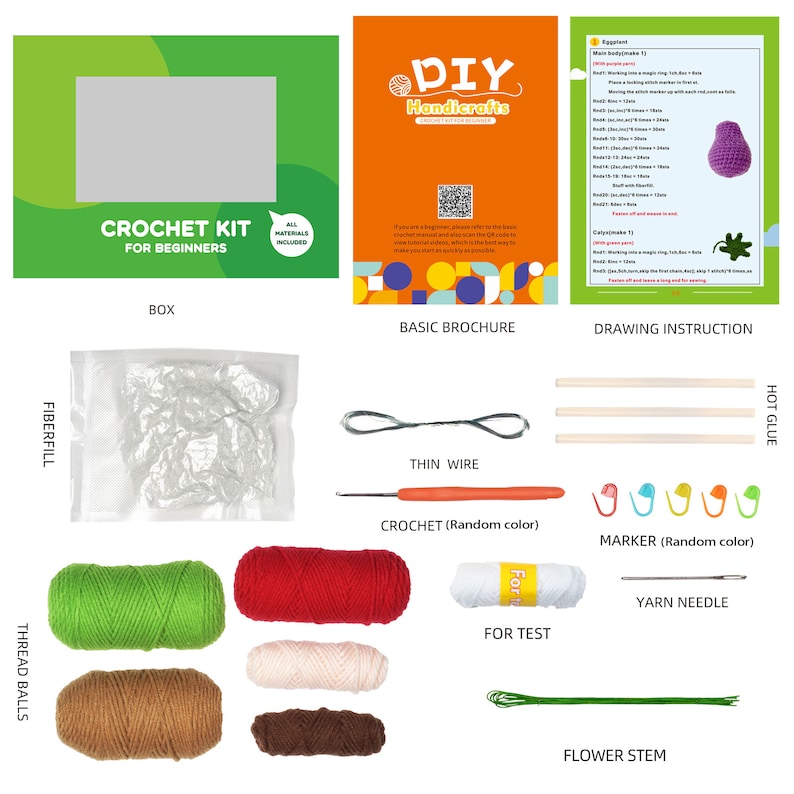 May include: A crochet kit for beginners, including all materials. The kit contains fiberfill, thread balls in various colors, a crochet hook, markers, a yarn needle, and a flower stem. The kit also includes a basic brochure and drawing instructions.