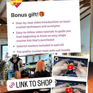 May include: An image promoting WoolWiz crochet kits, featuring step-by-step video tutorials and colorful markers. The image includes the text "Bonus gift!" and "LINK TO SHOP", along with examples of crochet techniques.