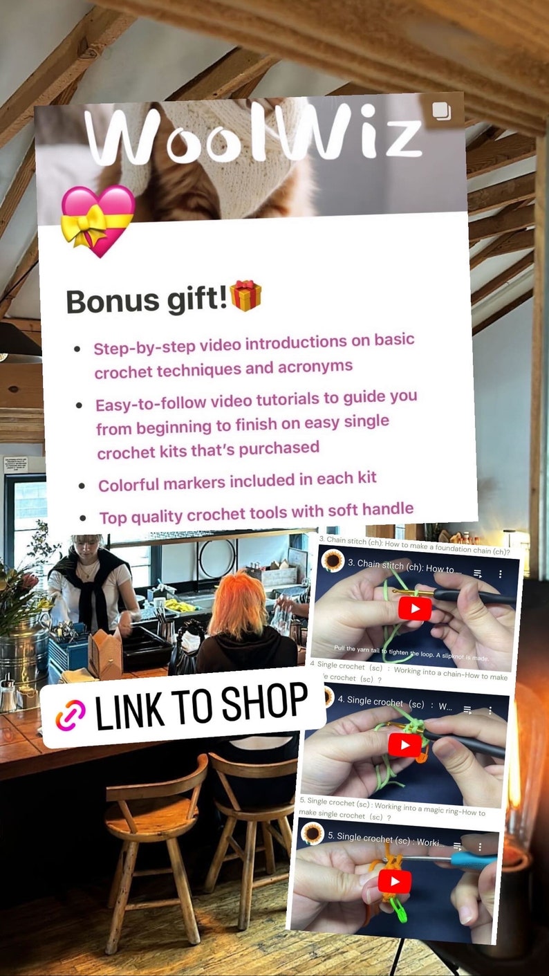 May include: An image promoting WoolWiz crochet kits, featuring step-by-step video tutorials and colorful markers. The image includes the text "Bonus gift!" and "LINK TO SHOP", along with examples of crochet techniques.