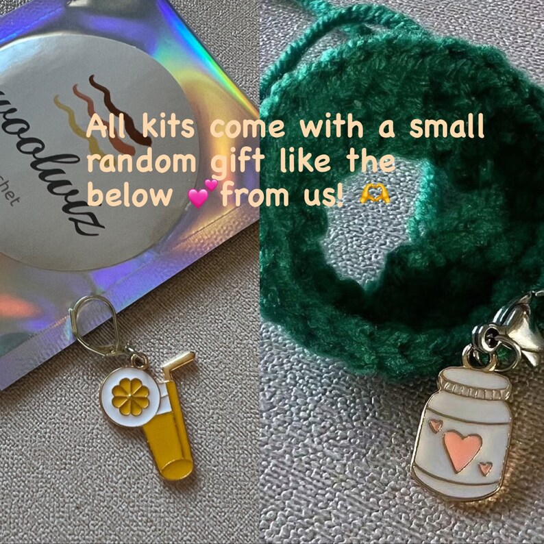 May include: A close-up of two small charms. One charm is a yellow glass of juice with a straw and a white flower. The other charm is a white jar with a pink heart and two smaller pink hearts. The text on the image reads "All kits come with a small random gift like the below from us!"