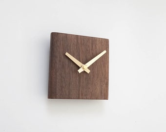 livingoom Mid Century Wall Clock Square Solid Walnut Wood with Copper Color Clock Hands