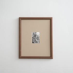 Può includere: Una cornice rettangolare in legno con un passe-partout color marrone chiaro che circonda una piccola illustrazione in bianco e nero centrata. L'opera raffigura una scena botanica dettagliata con varie foglie, steli ed elementi floreali.