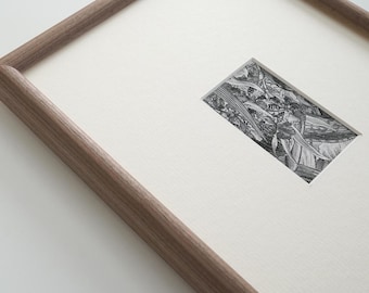 May include: A rectangular wooden frame with a light-colored mat board surrounding a small, centered black and white ink drawing. The artwork features detailed, fine-line botanical illustrations of leaves and foliage set against a white background.