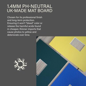 May include: A close-up of colorful mat boards with a rectangular cutout. The boards are in shades of blue, yellow, and green. Text at the top reads "1.4MM PH-NEUTRAL UK-MADE MAT BOARD".