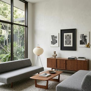 May include: A modern living room with gray sofas, a wooden coffee table, and a wooden cabinet. The room features abstract art, a paper lantern floor lamp, and a large window overlooking a garden. The color palette is neutral with pops of wood and black.