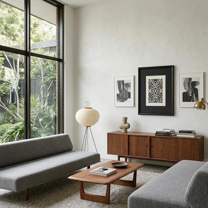 May include: A modern living room with gray sofas, a wooden coffee table, and a wooden cabinet. The room features abstract art, a paper lantern floor lamp, and a large window overlooking a garden. The color palette is neutral with pops of wood and black.
