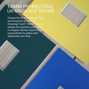 K&ouml;nnte beinhalten: Drei rechteckige Passepartouts in Gelb, Dunkelgr&uuml;n und Blau, jeweils mit einem mittigen rechteckigen Ausschnitt. Das gelbe Passepartout tr&auml;gt den Text: 1.4MM PH-NEUTRAL UK-MADE MAT BOARD. Ausgew&auml;hlt f&uuml;r ein professionelles Finish.