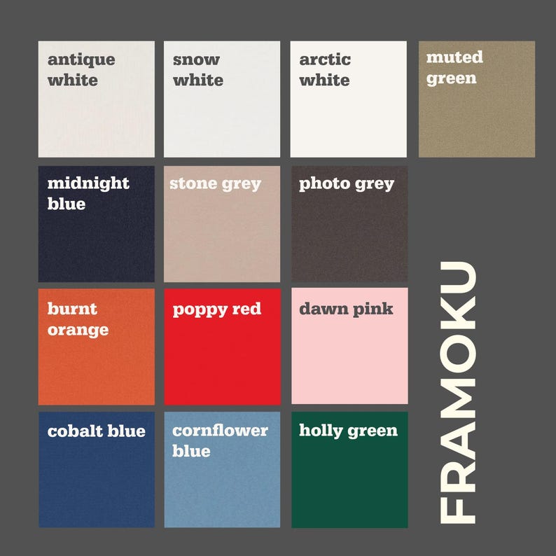 May include: A color palette featuring twelve color swatches with names like "antique white," "midnight blue," and "poppy red." The word "FRAMOKU" is vertically displayed in white text on the right side of the image. The swatches are arranged in a grid.
