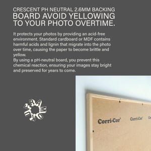 May include: A gray background with white text that reads "CRESCENT PH NEUTRAL 2.6MM BACKING BOARD AVOID YELLOWING TO YOUR PHOTO OVERTIME." The image also shows a framed board with the text "Corri-Cor".