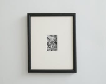 May include: A framed black and white botanical print. The artwork features a detailed illustration of plants and foliage. The print is set within a white mat and a black frame, creating a classic and elegant presentation.
