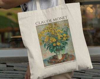 Claude Monet Ästhetische Tasche, Topinambur Blumen, Vintage Landschaftskunst, Baumwollsegeltuch-Einkaufstasche, Monet Malerei