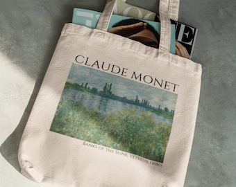Claude Monet ästhetische Tasche, Ufer der Seine Vétheuil, Vintage Landschaft Kunst, Baumwolltasche Baumwolltasche, Monet Malerei