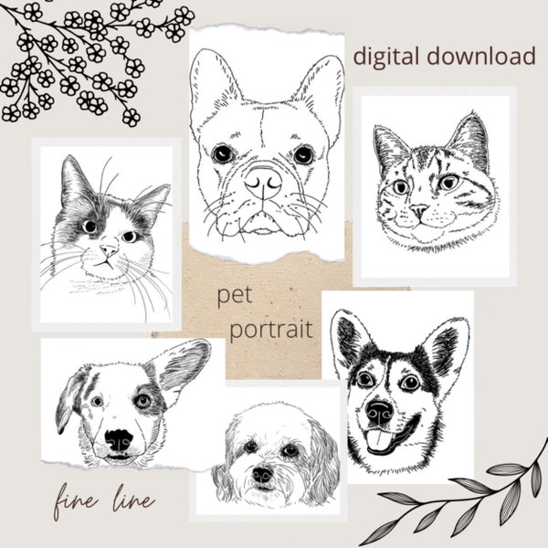 Custom Pet Illustration Custom Pet Portrait Digital Download Black and White Digital Pet Sketch Custom Pet Outline Drawing