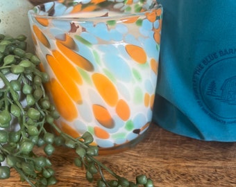 White Strawberry Avocado Soy Candle: Orange and Blue Glassware, Wooden Wick