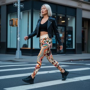 Op de afbeelding: Een zwart leren jack, een zwarte crop top en een beige legging met een veelkleurig geometrisch en abstract patroon. De legging heeft een hoge tailleband met tekst op de voorzijde. De outfit wordt gecombineerd met zwarte sportschoenen.