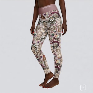 May include: High-waisted leggings with a repeating pattern of classical busts, helmets, and musical instruments in shades of brown, purple, and white. The leggings have a wide, solid-colored waistband with the text "HOLD & FORME".