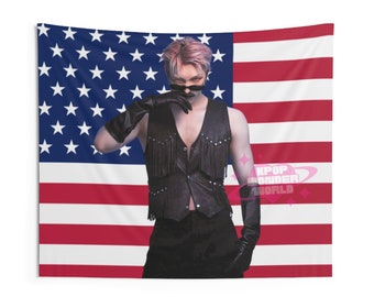 Ateez Mingi America Flag Tapestry, Kpop Funny Room Merch, Gift for Ateez Atiny Kpop Fan, Ateez Kpop Merch, Kpop Fan Merch Wall Decor, Mingi