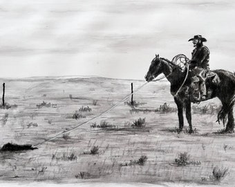Lasso Ride - Charcoal Drawing of Cowboy on Horse on White Paper, Hand Drawn Art, Wall Decor